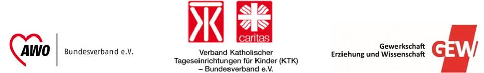 Logos der Arbeiterwohlfahrt (AWO), der Gewerkschaft Erziehung und Wissenschaft (GEW) und dem Bundesverband Katholischer Tageseinrichtungen für Kinder (KTK) 