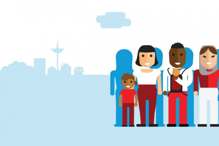 Ein Illustration zeigt mehrere Menschen wie z.B. eine Frau mit Kopftuch, einen Mann mit dunkler Hautfarbe und ein Kind und ein Baby vor der Silhouette einer Großstadt