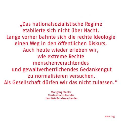 Zitat Holocaustgedenktag Stadler 2020: Das nationalsozialistische Regime etablierte sich nicht über Nacht. Lange vorher bahnte sich die rechte Ideologie einen Weg in den öffentlichen Diskurs. Auch heute wieder erleben wir, wie extreme Rechte menschenverachtendes und gewaltverherrlichendes Gedankengut zu normalisieren versuchen. Als Gesellschaft dürfen wir das nicht zulassen."